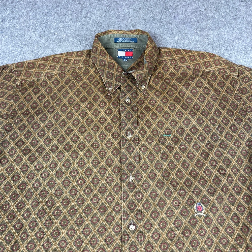 Vintage Tommy Hilfiger Mens XL Geometric Medallion Button Down Shirt Olive‎ Tan